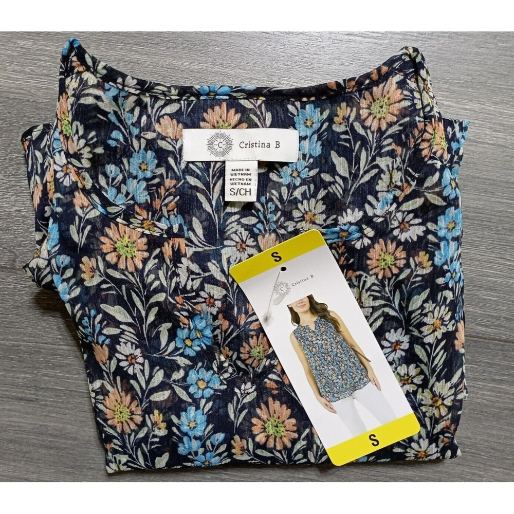 Cristina B Blouse Adult Small Peacoat Floral Sleeveless V-Neck Tunic Womens